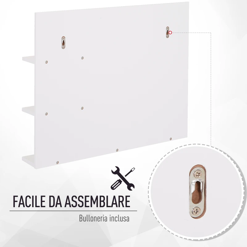 kleankin Mobiletto Pensile Bagno 60 x 10 x 48cm, con Specchio e 3 Ripiani, Armadietto a Parete in MDF Bianco