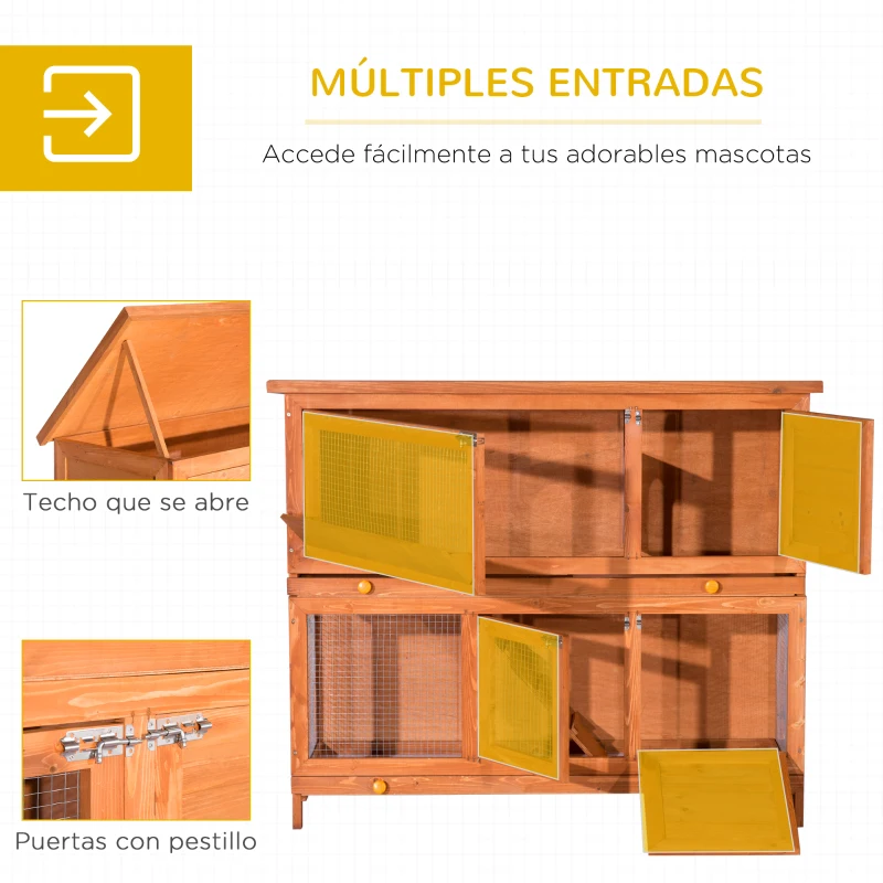 PawHut Conejera de Madera Exterior de 2 Niveles Jaula para Conejos con Techo de Asfalto Abrible Rampa Puertas y 2 Bandejas Extraíbles 120x48x100 cm Madera Natural