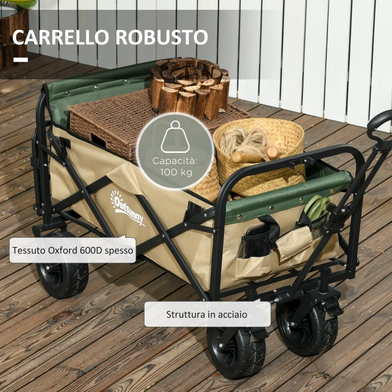 Outsunny Carrello da Giardino 110L con Maniglia Telescopica e Fondo Apribile in Acciaio e Tessuto Oxford, Cachi