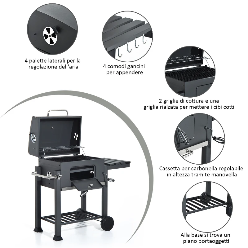 Griglia Barbecue 2 Griglie di Cottura 4 Palette Laterali 1 Cassetta Regolabile in Altezza 4 Comodi Gancini 2 Rotelle e 1 Maniglia Acciaio Inox e Ferro Grigio Certificato GS 115×56×108cm