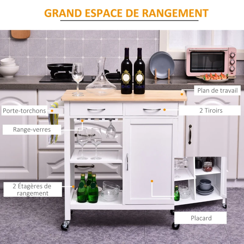 HOMCOM Desserte de cuisine multi-rangements - dim. 89L x 40l x 84H cm - poignées métal MDF blanc plateau bois pin