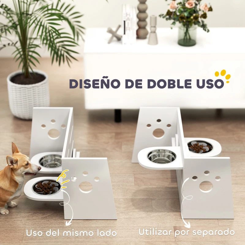 PawHut Comedero Elevado Doble para Perros con Altura Ajustable y Sistema de Alimentación Lenta 63x58,5x40 cm Blanco