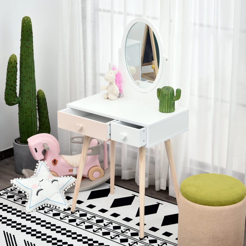 HOMCOM Kids Dressing Table w/ Mirror 2-Drawer Cute Heart Handles Bedroom Play Room Storage Elegant Wood Legs -White&Pink