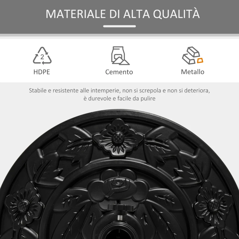 Outsunny Base per Ombrellone Semicircolare da 9 kg in HDPE, Cemento e Metallo con Motivi Floreali, Ø50x32x32 cm, Nero