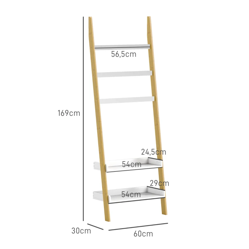 HOMCOM Étagère de rangement étagère échelle avec 2 étagères et 3 porte-serviettes pour chambre à coucher et salon, blanc