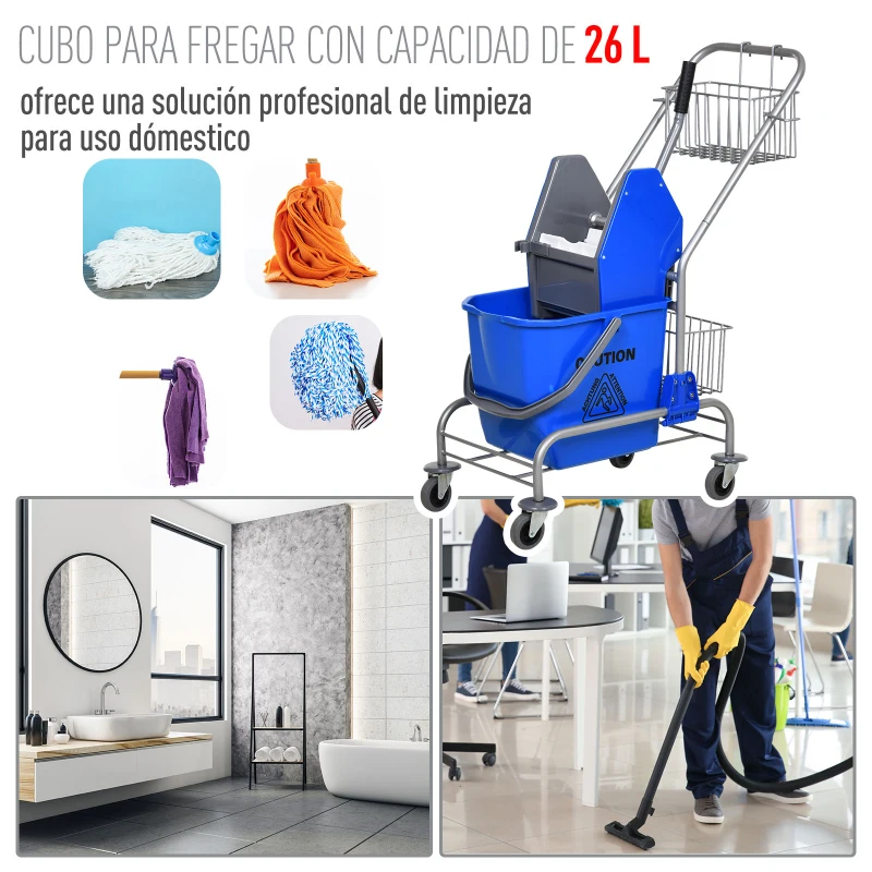HOMCOM Cubo de Fregona 26 L Cubo Fregado Comercial con Escurridor de Presión Hacia Abajo Ruedas y Cestas de Almacenamiento 73x45x95 cm Azul