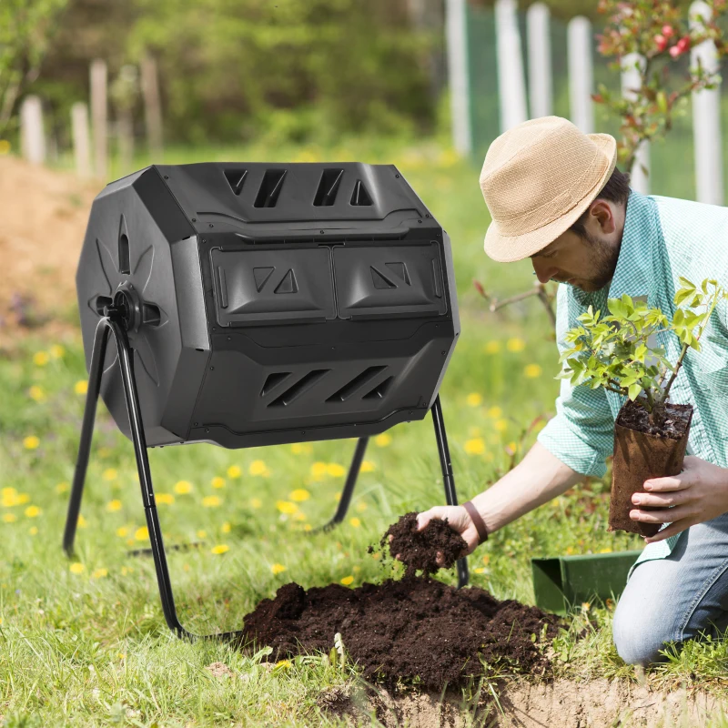 Outsunny Compostiera da Giardino Girevole a 2 Sezioni con 8 Prese d'Aria, Compostiera Domestica in Acciaio e PP, 160 L, per Compostaggio Rifiuti Organici, 71x65x96 cm, Nero