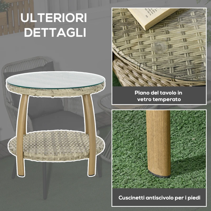 Outsunny Salotto da Giardino in Rattan con 2 Poltroncine con Cuscini e Tavolino in Vetro, Marrone e Grigio