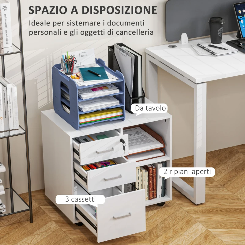 HOMCOM Cassettiera Portadocumenti da Ufficio con 3 Cassetti, Ruote, Serratura e Chiavi, 60x40x56 cm, Bianco