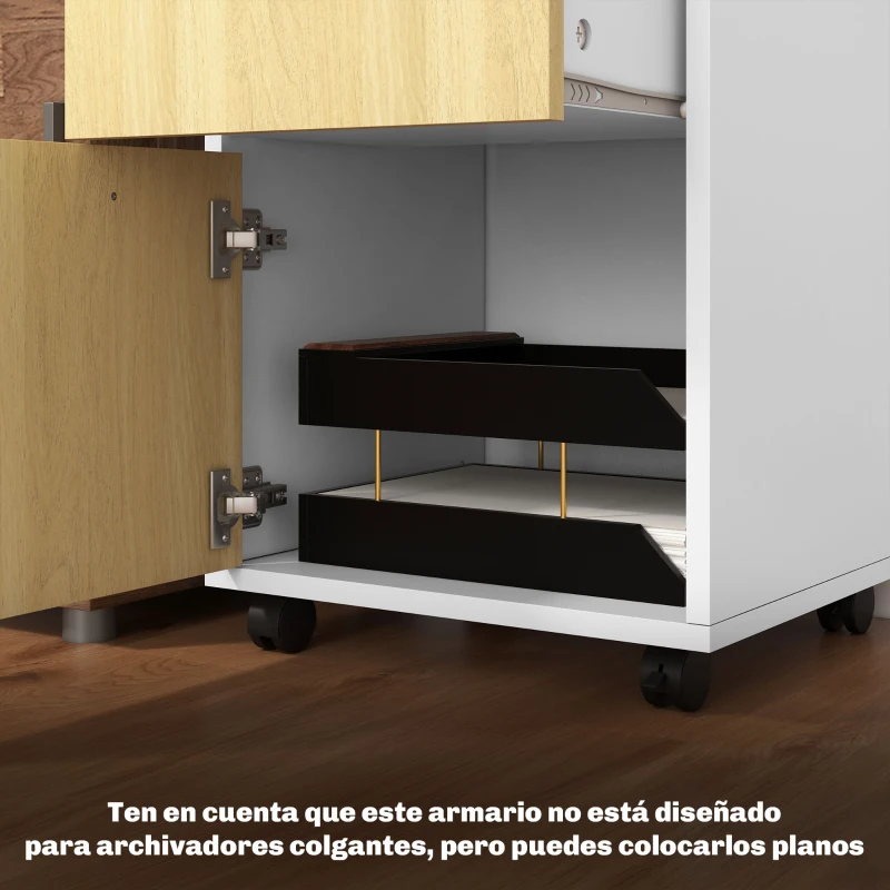 HOMCOM Cajonera de Oficina Móvil con Cajón y Armario con Ruedas Soporte de Impresora para Estudio 40x35x60 cm Blanco y Natural