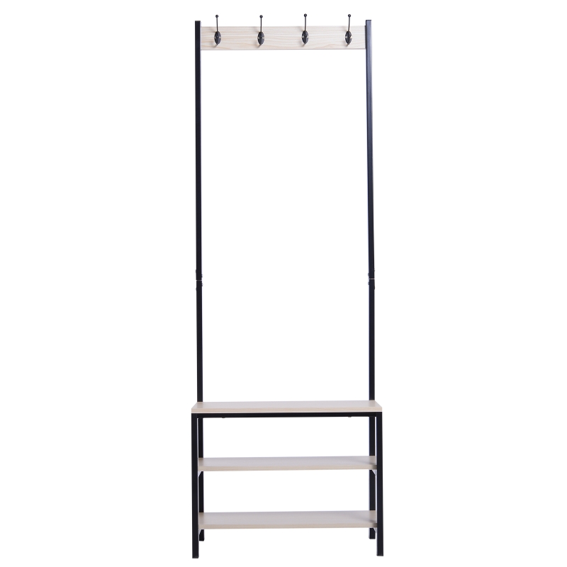 HOMCOM 4 Hooks Wooden Garment Rack Freestanding Coat Rail Storage Shelves Metal Tidy Shoes Clothes Stand Entryway Furniture - 60L x 40W x 175H (cm)