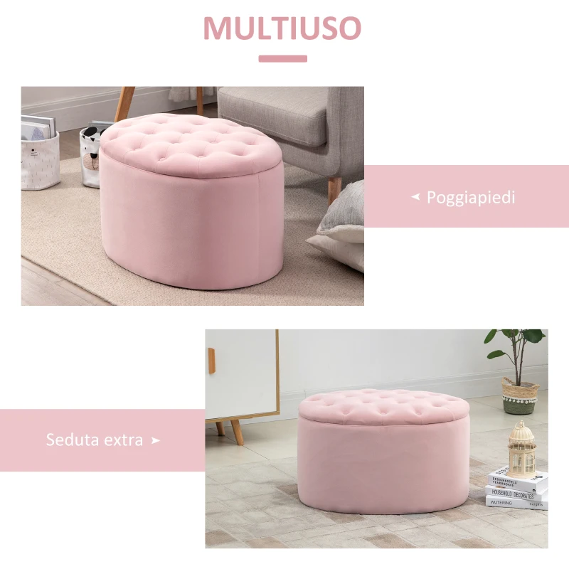 HOMCOM Pouf Contenitore Ovale Imbottito e Trapuntato in Velluto, 71x52x42cm, Rosa