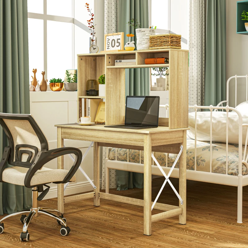 HOMCOM Bureau avec rangement bureau bibliothèque en bois avec étagères et grand plateau pour petits espaces, aspect chêne