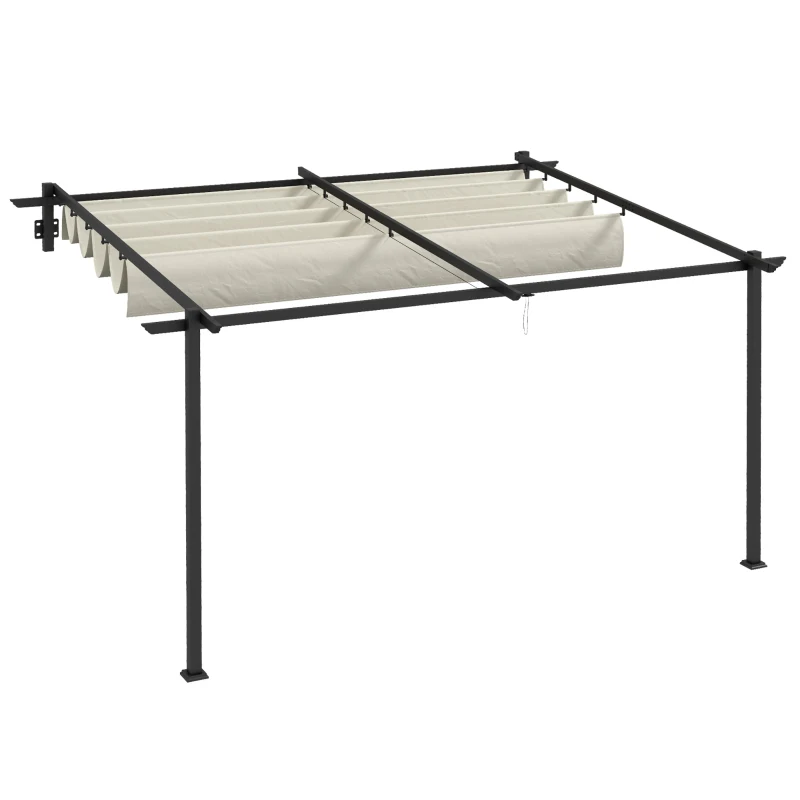 Outsunny Pérgola 4x3 m Cenador de Jardín con Techo Retráctil de Poliéster y Marco de Acero Crema y Gris Oscuro
