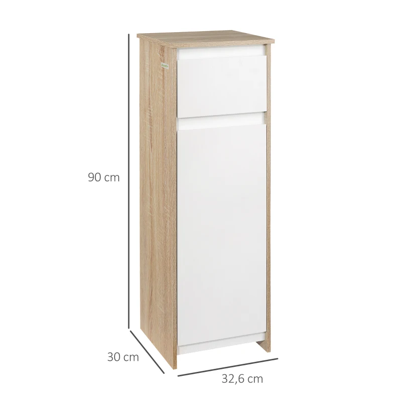 kleankin Meuble de salle de bain armoire de rangement avec 1 tiroir et 1 placard - 32,6 x 30 x 90 cm - aspect bois et blanc