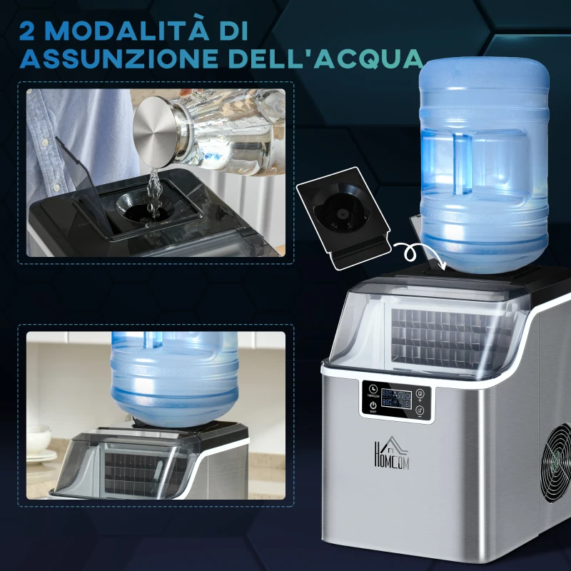 HOMCOM Macchina Ghiaccio 20kg in 24 Ore, 24 Cubetti in 14-18 Minuti con Dimensione Regolabile, Serbatoio 3.2L e Sistema Autopulente, Argento