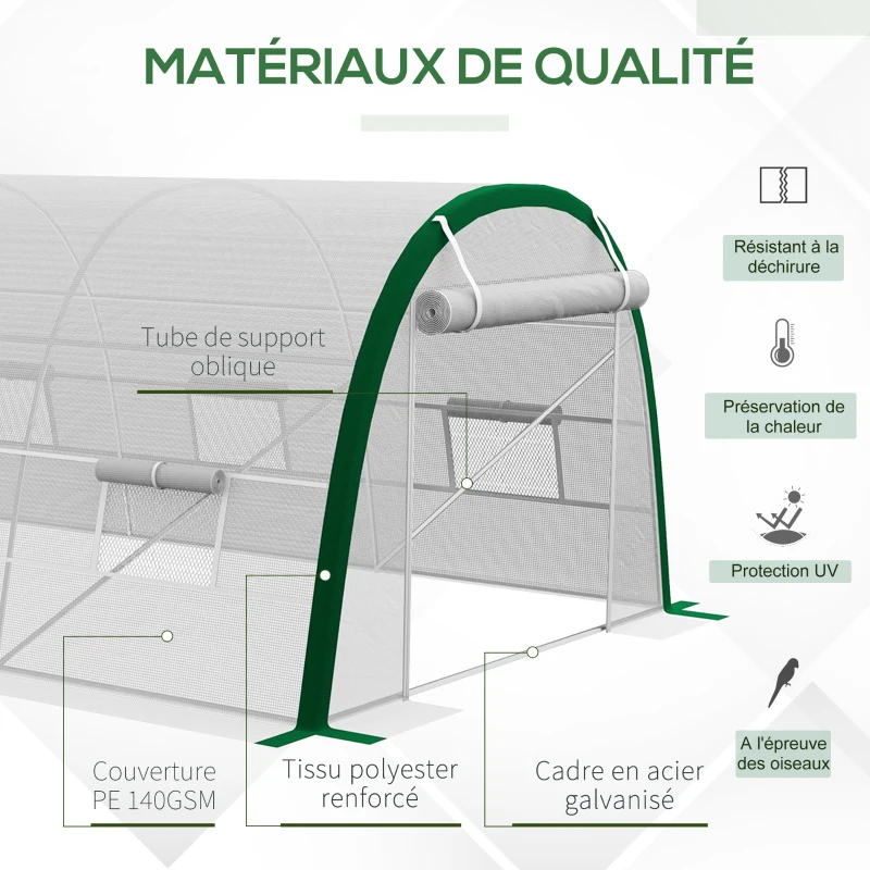 Outsunny Serre de Jardin Tunnel 18 m² dim. 6L x 3l x 2H m - 8 fenêtres, Porte zippée Enroulable, Acier galvanisé, bâche PE, Blanc