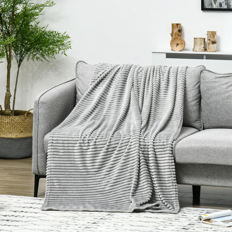 HOMCOM Flannel Fleece Blanket for Sofas, All-Season Fluffy Warm Throw Blanket for Bed, Couch, Chair, Striped Reversible Travel Bedspread, King Size, 230 x 230cm, Grey