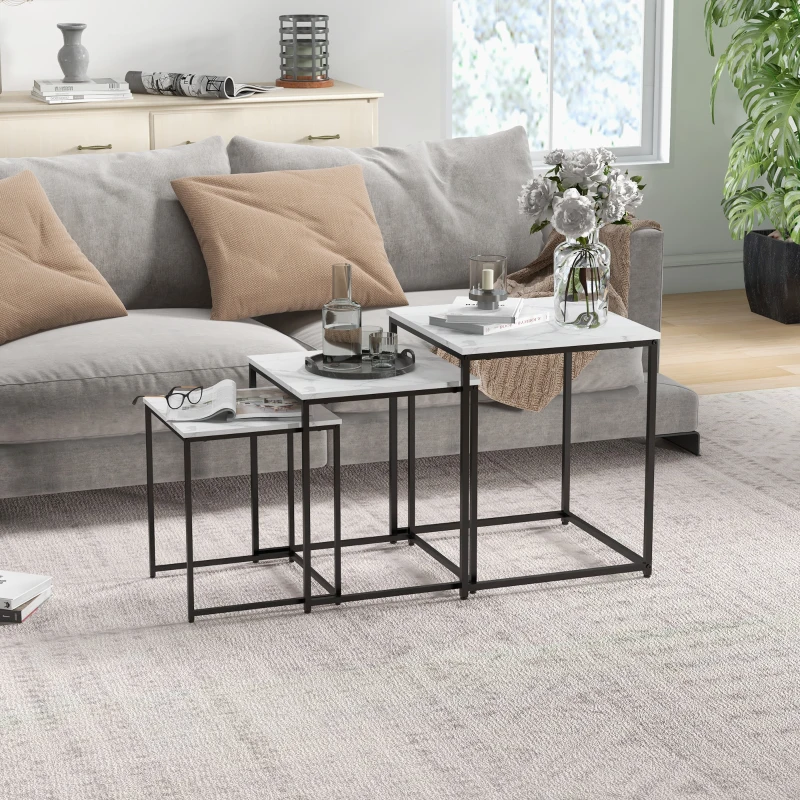 HOMCOM Lot de 3 tables basses carrées gigognes - acier noir panneaux aspect marbre blanc 50/45/39,5 cm
