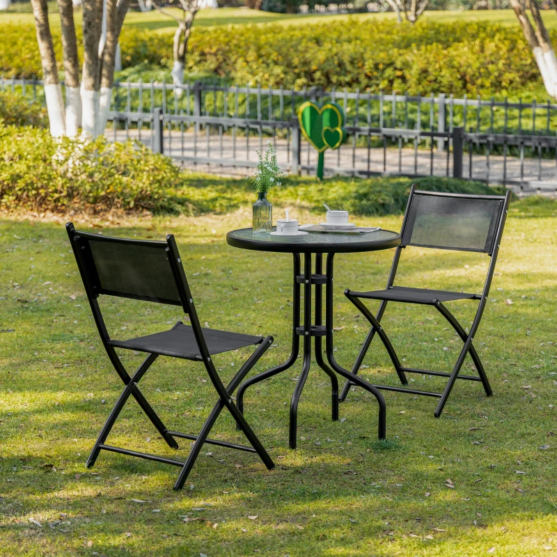 Outsunny Set da Giardino da 3 Pezzi con 2 Sedie Pieghevoli e Tavolino in Vetro Temperato per Esterni, Nero