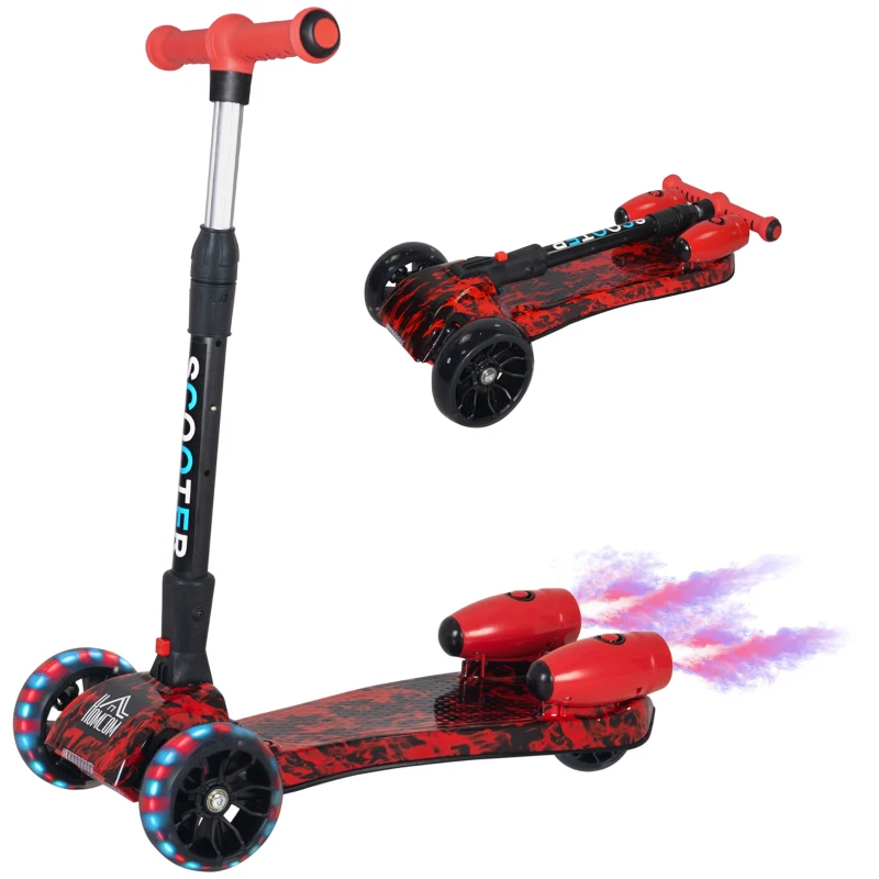 HOMCOM Patinete para Niños Scooter Plegable con Altura Ajustable de 4 Niveles y Música Luces y Nebulizador de Agua +3 Años 62x27x63-81 cm Rojo