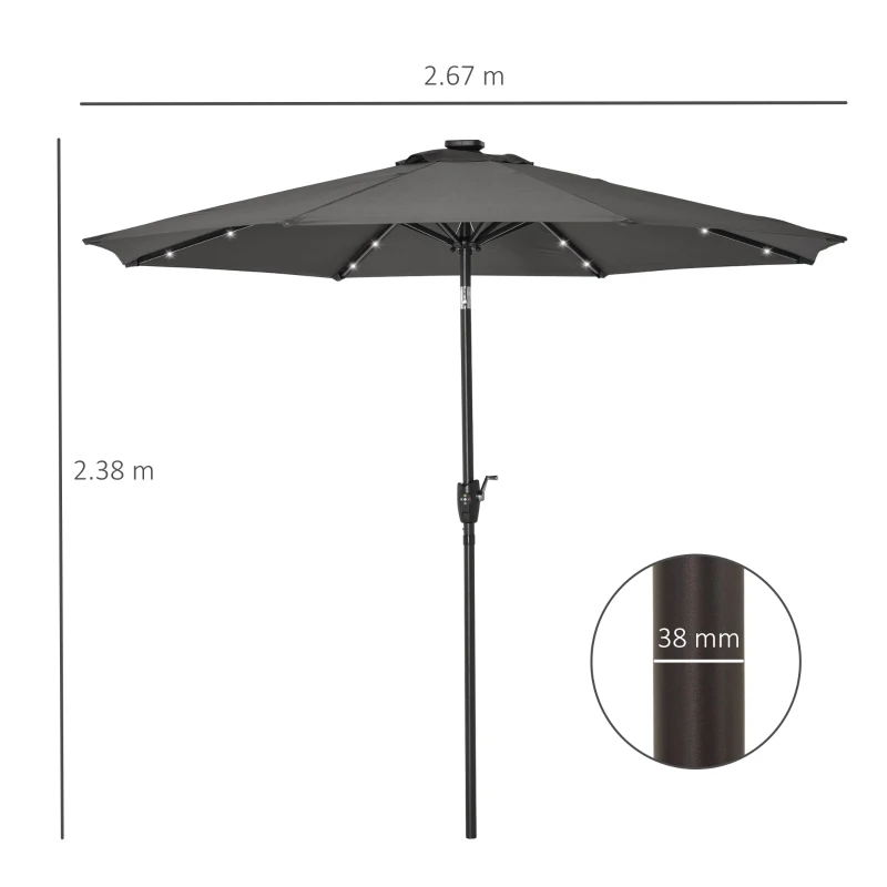 Outsunny Φ2.7m Garden 24 LED Light Parasol Solar Outdoor Tilt Sun Umbrella Patio Club Party Event Manual Sun Shade w/ Hand Crank and 8 Ribs, Grey