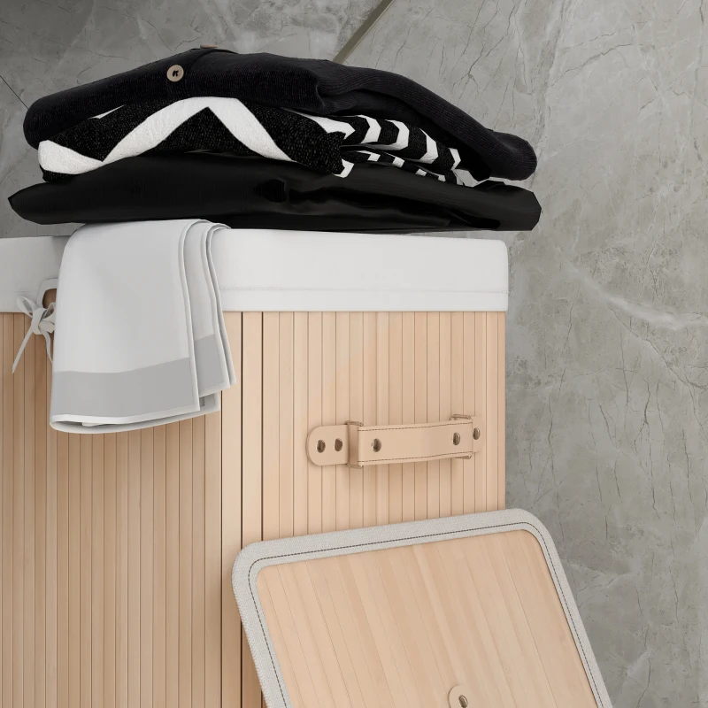 HOMCOM 70L Collapsible Bamboo Laundry Hamper Organizer Clothes Washing Basket Bin Storage Box w/ Lid Removable Lining 40x30x60cm