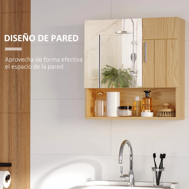 kleankin Armario de Baño con Espejo Mueble Colgante de Aseo con 2 Puertas y 2 Estantes Ajustables Interiores 54x15,2x55,3 cm Natural