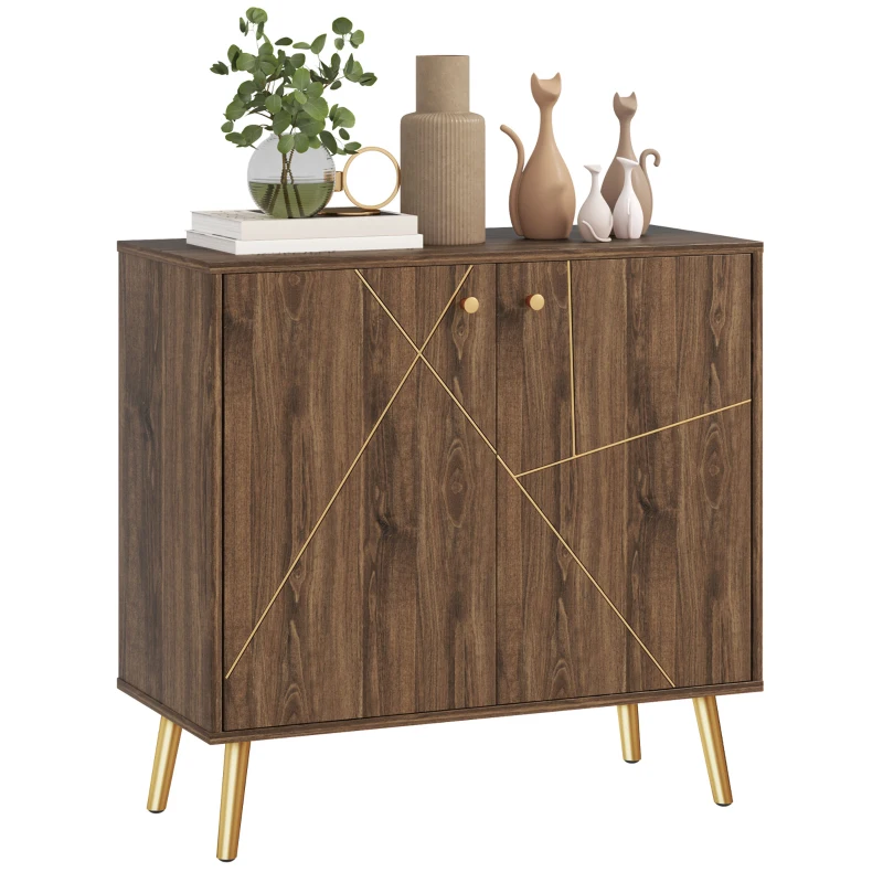 HOMCOM Buffet salon meuble de rangement avec décoration à lignes d'acier dorées, étagère réglable, pieds en acier