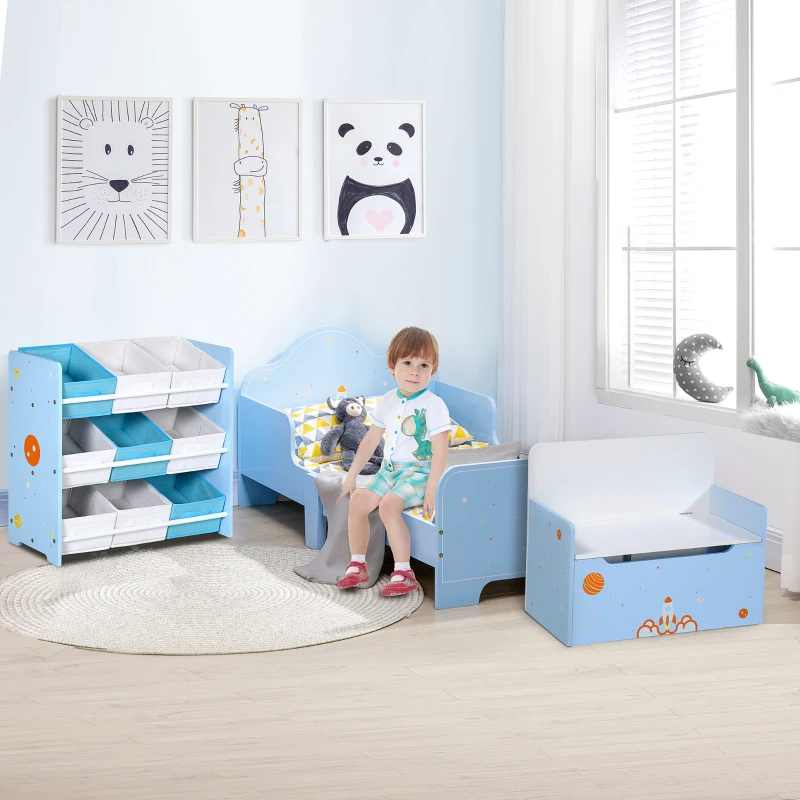 ZONEKIZ 3PCs Kids Bedroom Furniture Set with Bed, Toy Box Bench, Storage Unit with Baskets, Space Themed, for 3-6 Years Old, Blue