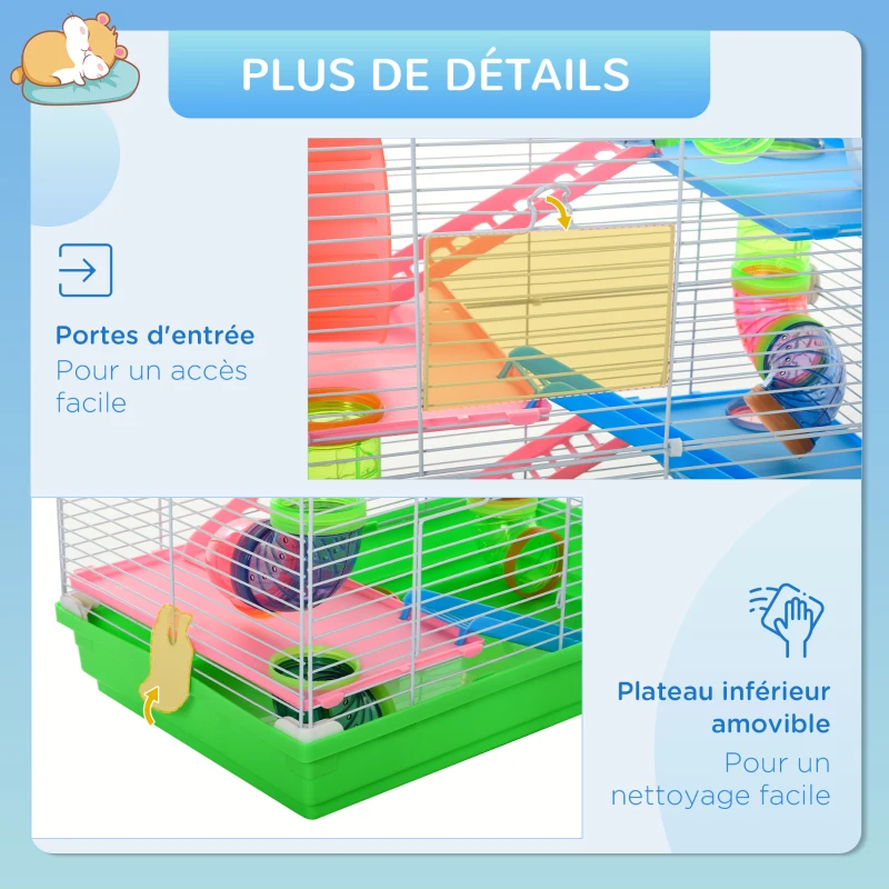 PawHut Cage pour hamster rongeur 4 étages avec tunnels mangeoire roue maison échelles dim. 46L x 30l x 58H cm vert(m-7)