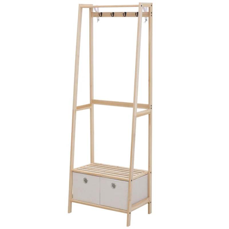 HOMCOM Perchero de Madera con Zapatero de 2 Estantes Perchero de Pie con 2 Cajones de Tela 4 Ganchos y Barra para Colgar Ropa Bolsas para Entrada Salón 58x36x168 cm Natural