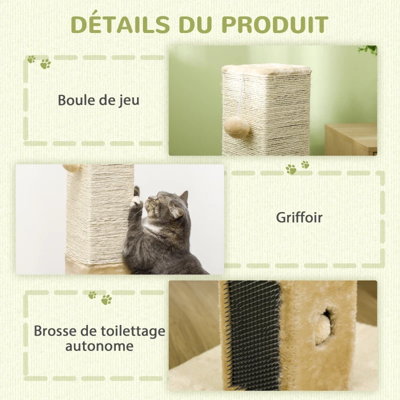 PawHut Poteau à gratter pour chat griffoir pour chat balle avec clochette 2 brosses de toilettage 59,5 x 39 x 79 cm beige crème