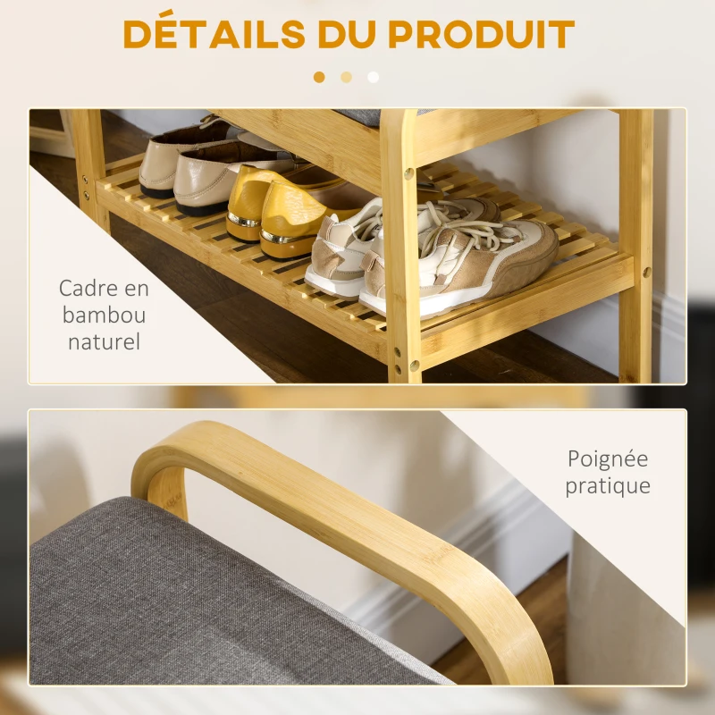 HOMCOM Banc à chaussures avec coussin d'assise rangement caché, étagère à lattes en bambou, 60 x 33 x 50, naturel