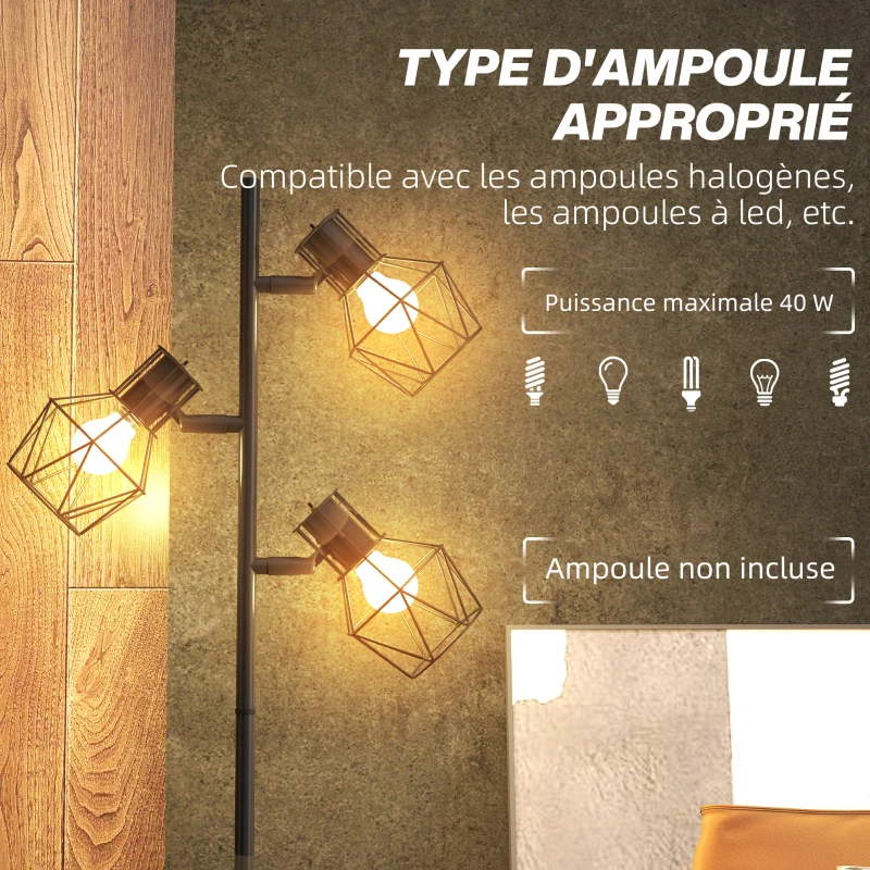 HOMCOM Lampadaire sur pied salon lampe sur pied 3 lumières adaptée aux ampoules E27 (non incluses) 41 x 28 x 169 cm noir