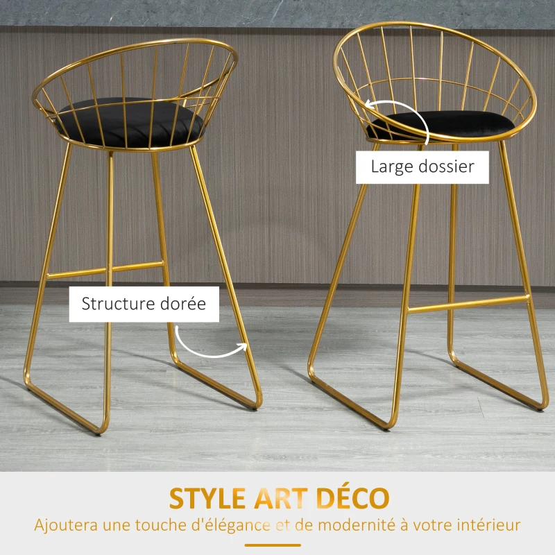 HOMCOM Lot de 2 Tabourets de Bar Design Chaise Haute pour Bar Bistro avec Repose-Pied Structure métal et Coussin Velours 52,5 x 47 x 97 cm Noir et doré