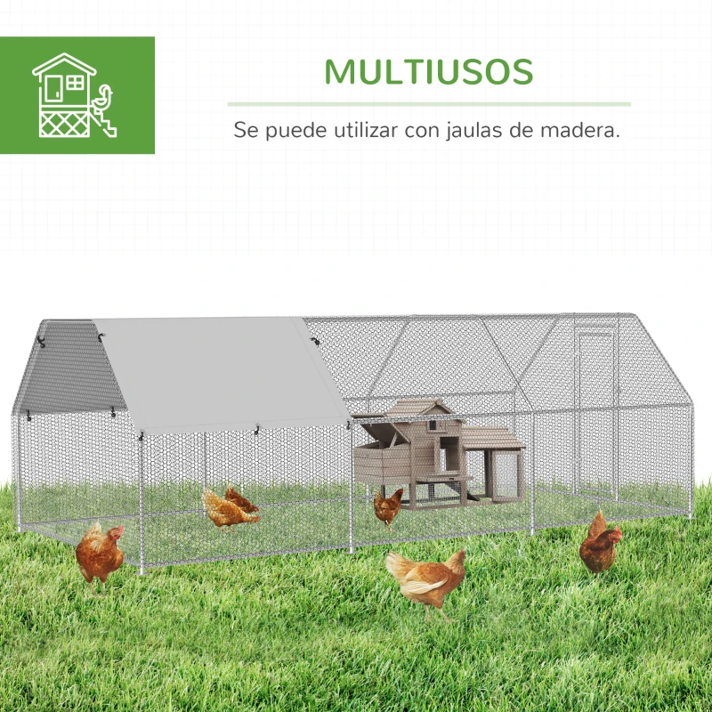 PawHut Gallinero de Exterior 2,8x5,7x1,95 m Gallinero Grande Cubierta de Tela Oxford y Corral de Metal Galvanizado Plata