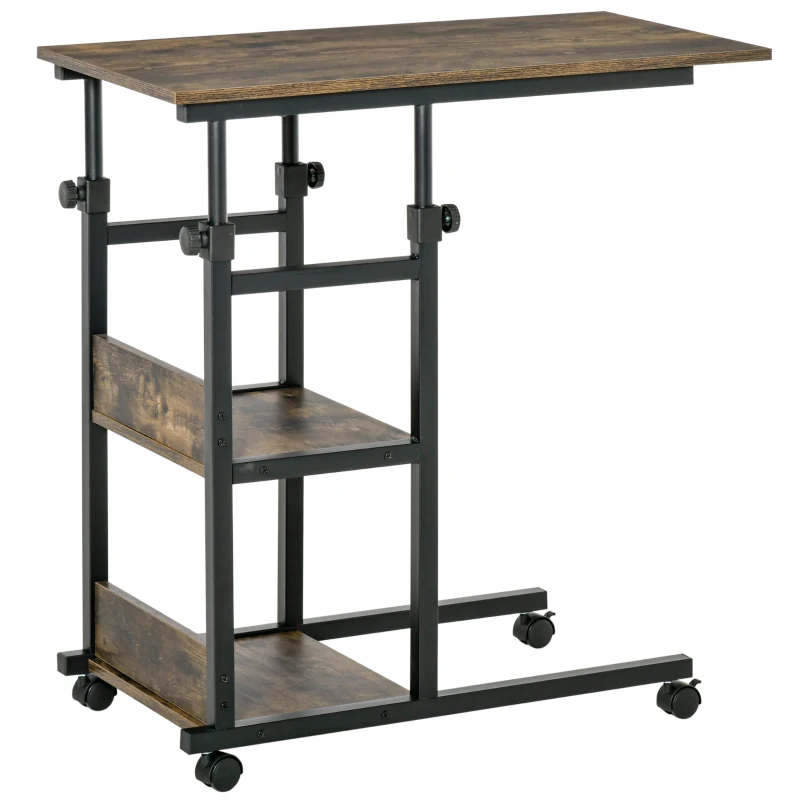 HOMCOM C-Shaped Side Table Industrial Mobile Rolling End Desk with 3-Tier Storage Shelving, Adjustable Height, Wheels