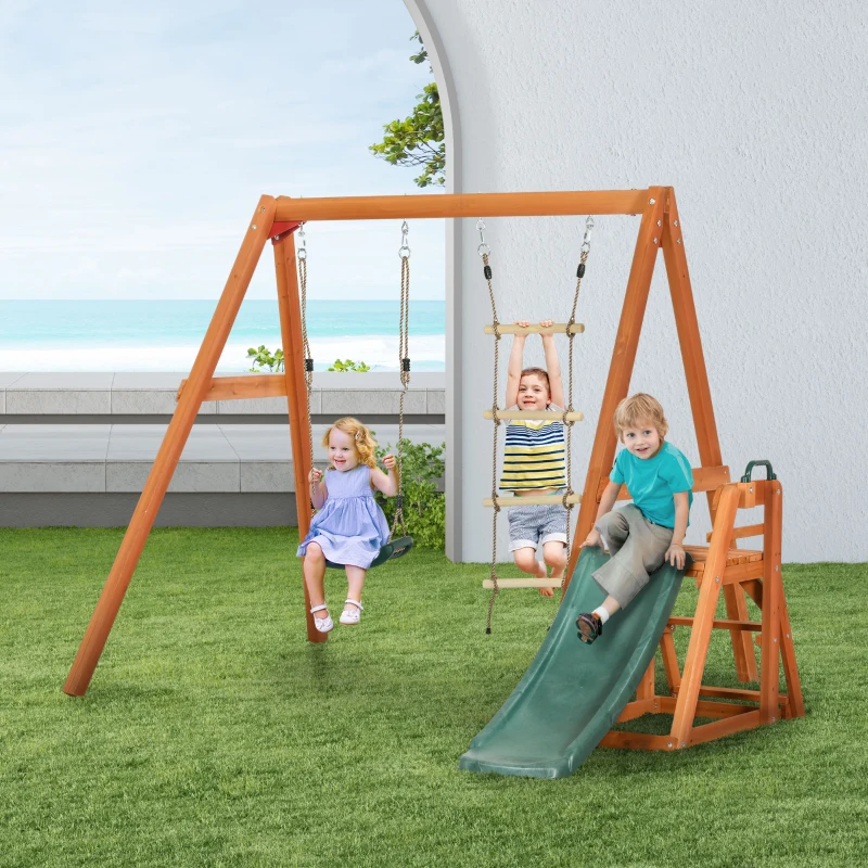 Outsunny Set con Scivolo, Altalena da Giardino e Scaletta a Corda in Legno per Bambini Età 3-8 Anni