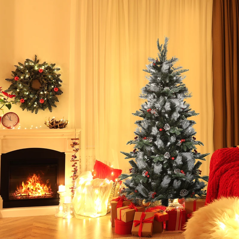 HOMCOM Albero di Natale Innevato 150cm con Bacche Rosse e Pigne Bianche, Base Rimovibile Pieghevole, 440 Rami, Verde