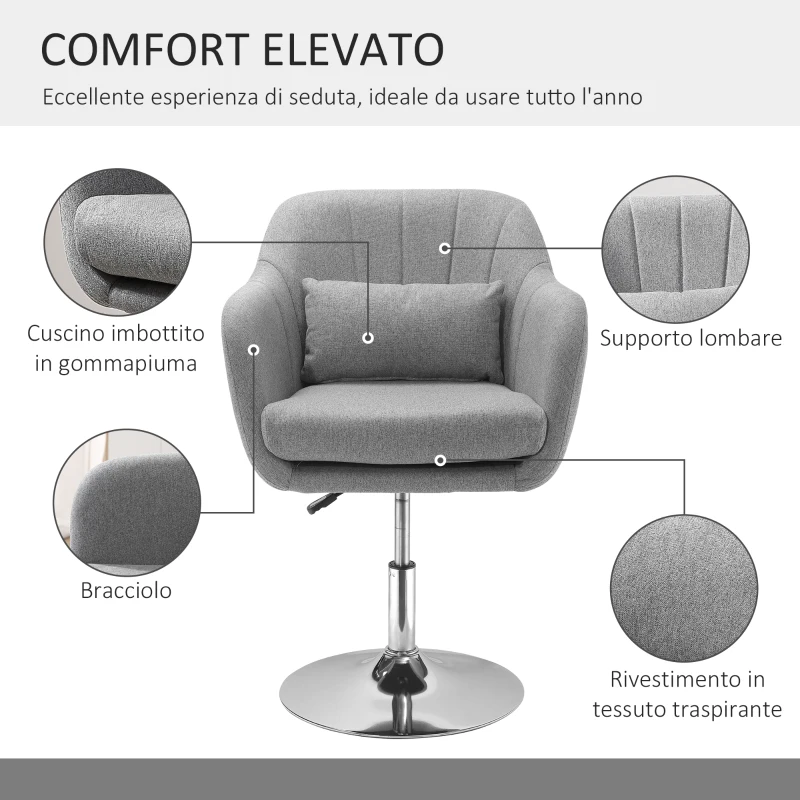 HOMCOM Sedia Girevole a 360° ad Altezza Regolabile, con Cuscino, Supporto Lombare e Bracciolo, 60x60x79-91 cm, Grigio