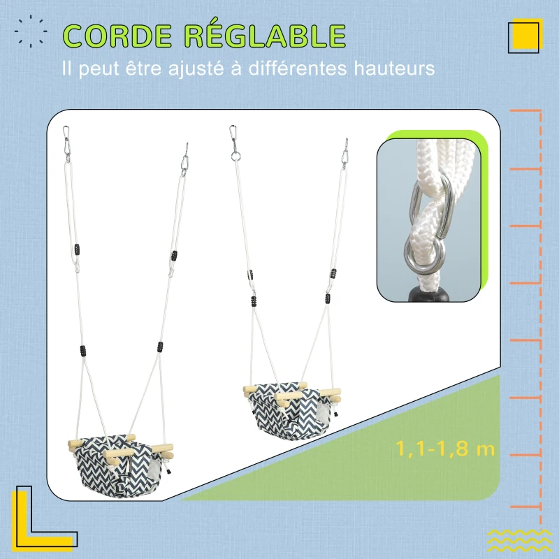 AIYAPLAY Balançoire pour bébé siège bébé balançoire avec barre de sécurité et corde réglable de 110 à 180 cm en tissu bleu