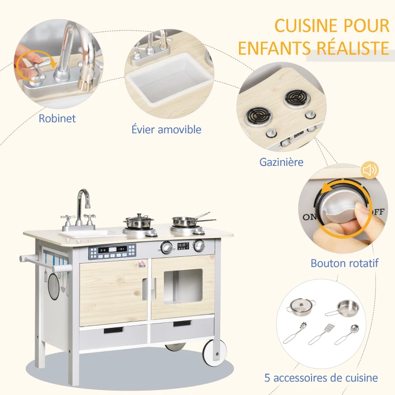 HOMCOM Cuisine desserte pour Enfant 2 en 1 Multi-équipement avec 5 Accessoires Acier INOX. MDF Aspect Bois Clair Gris