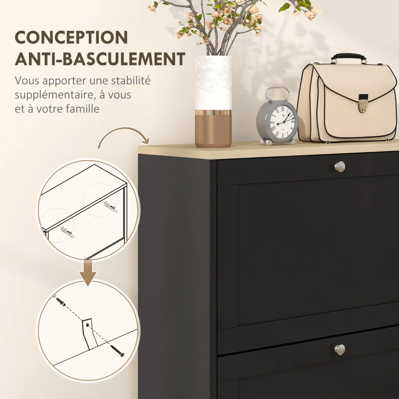 HOMCOM Meuble à chaussures style scandinave 3 portes abattants 18 paires de chaussures 60 x 23,5 x 115 cm noir aspect bois