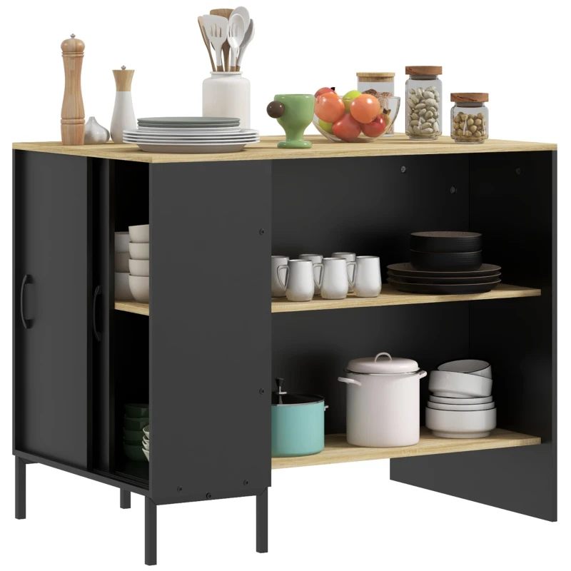HOMCOM Desserte îlot de cuisine avec 2 étagères ouvertes 1 placard portes coulissantes porte couteaux 114,5 x 70 x 90 cm noir