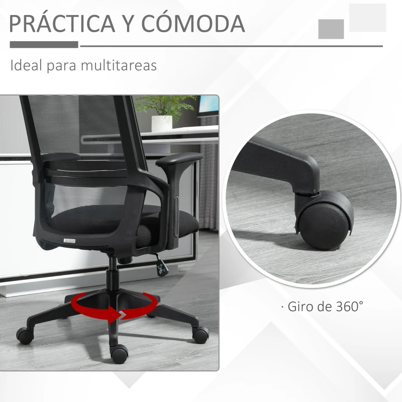 Vinsetto Silla de Oficina Ergonómica Silla de Malla con Altura Ajustable Reposacabezas Soporte Lumbar Regulables y Respaldo Transpirable 63,5x64,5x113-122 cm Negro