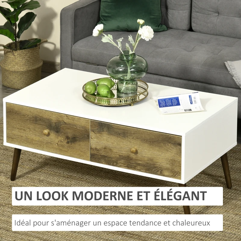 HOMCOM Table Basse rectangulaire 4 tiroirs coulissants façades Aspect chêne doré Pieds effilés Bois de hêtre Panneaux Particules Blanc