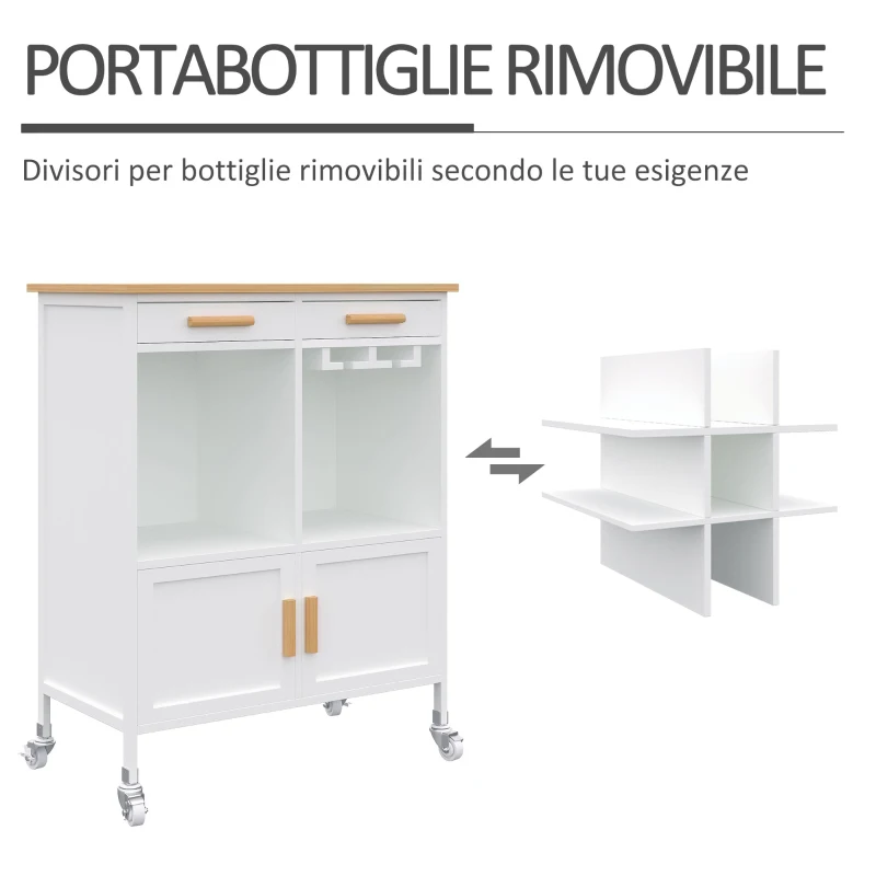 HOMCOM Mobiletto da Cucina con Ruote, Portabottiglie e Porta Bicchieri in Bambù, 76 x 40 x 88cm