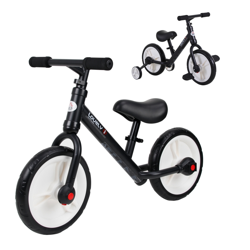 HOMCOM Bicicleta de Equilibrio con Pedales y Ruedas Entrenamiento Extraíbles de Asiento Regulable 33-38cm Niños +24 Meses Carga 25kg Negro