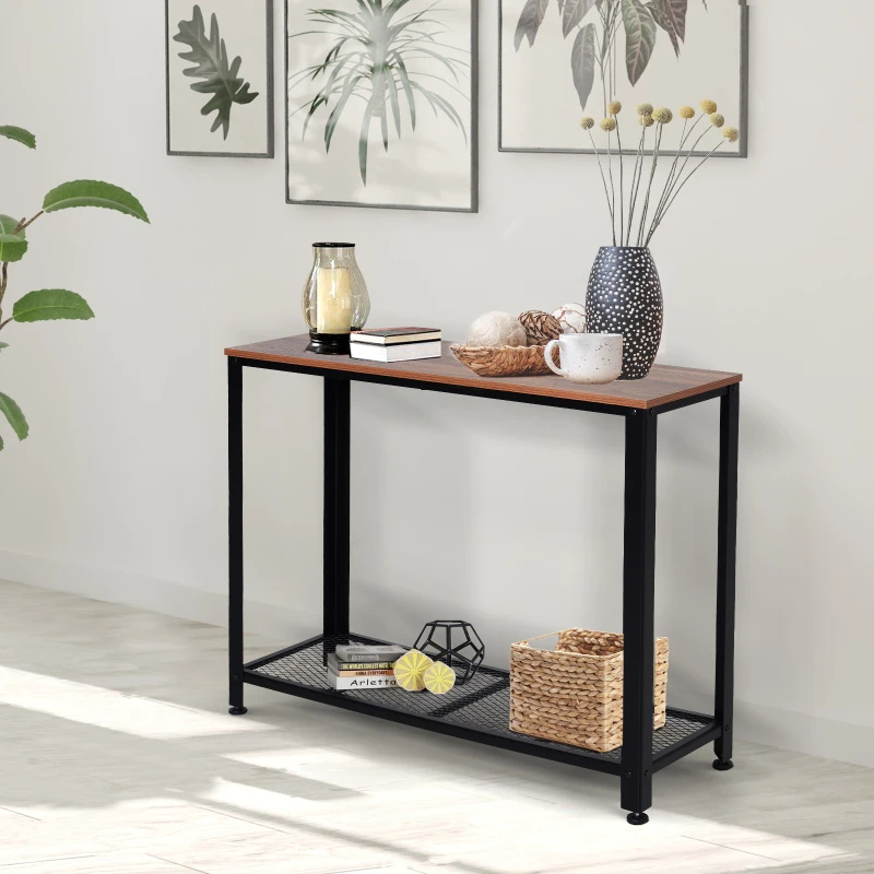 HOMCOM Tavolo Consolle Vintage, Tavolo da Ingresso con Ripiano in Rete, in Legno e Metallo Nero, 101cm x 35cm x 80cm